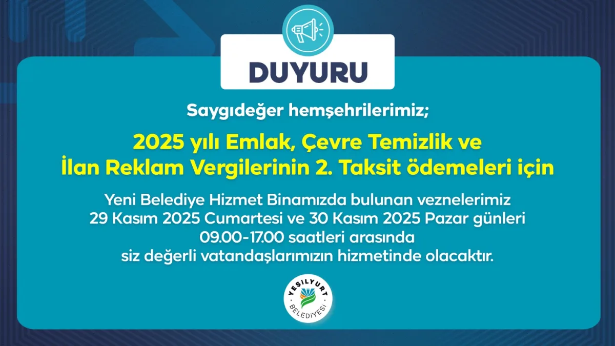 Yeşilyurt Belediyesi Vezneleri Vergi Ödemeleri İçin Resmi Tatilde Açık Olacak