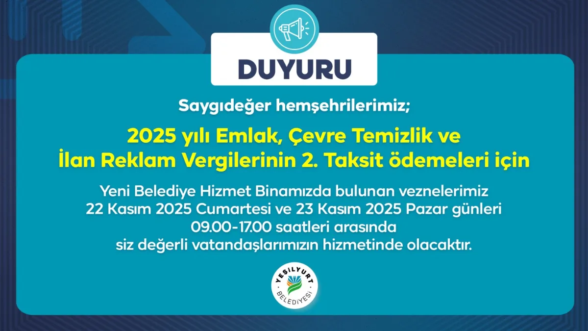 Yeşilyurt Belediyesi’nden Hafta Sonu Vezne Hizmeti!