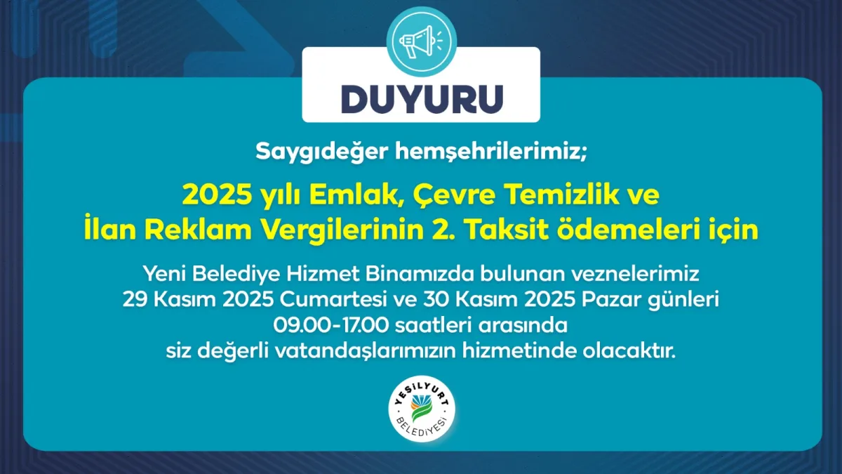 Yeşilyurt Belediye Vezneleri, Hafta Sonu Hizmet Verecek